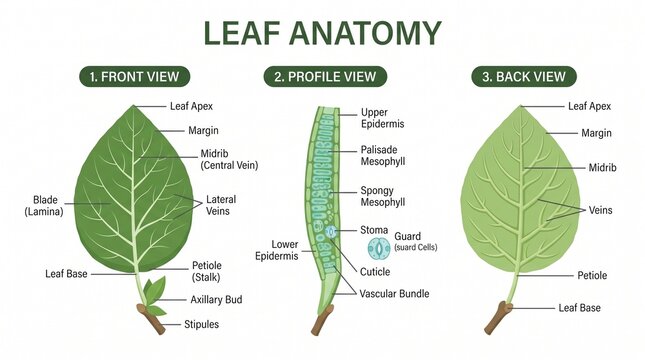 Educational Leaf Anatomy Diagram Illustrating Botanical Structure with Descriptive Labels on White