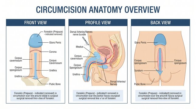 Educational Medical Chart Illustrating Circumcision Anatomy with Front Profile and Back Views