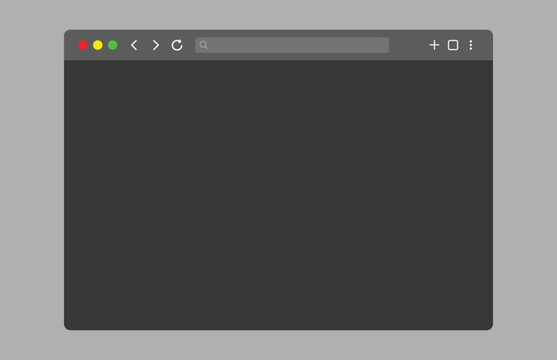 Dark mode web browser window mockup icon. Internet website interface frame and browser address bar template symbol. Modern dark gray browser window with navigation controls