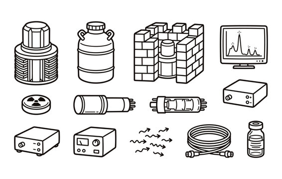 Radiation measurement and nuclear research instruments outline vector collection showing scintillation detectors cryostats power supplies and cables