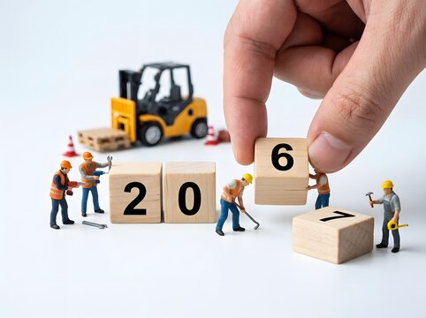 Miniature construction workers building the year 2017 with wooden blocks, isolated on white background