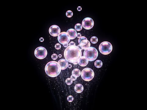 Shiny soap bubbles floating on a dark black background illustration