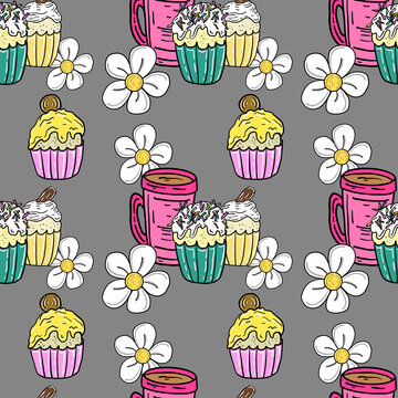 Cute quirky cupcakes and coffee hand drawn watercolour cartoon illustration repeating pattern