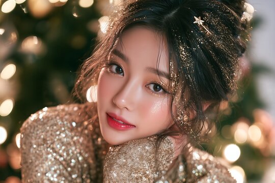 Korean woman in gold sequin dress with glitter makeup by Christmas tree
