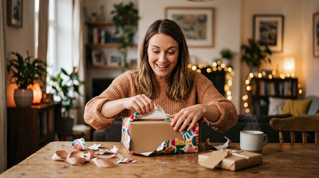Excited woman unpacking gift and opening birthday present, unwrapping christmas box for festive gift unboxing, joyful parcel unboxing, surprise delivery box, and holiday present reveal