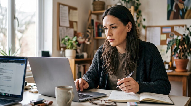 Focused trans woman concentrating on laptop work at cozy home office desk for blogs, educational websites, remote work articles, diversity awareness, and corporate inclusion campaigns