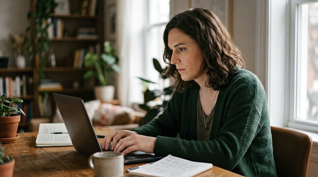 Focused trans woman working at home on laptop at wooden desk in cozy living room for diversity blogs, career education, remote employment websites, and online articles