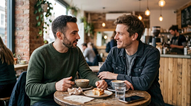 Male gay couple smiling having conversation at same sex couple coffee shop for queer men coffee date and lgbt male partners meeting on relationship blogs websites