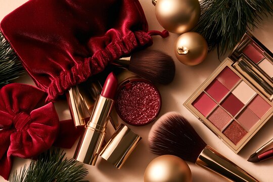 Christmas makeup set with red velvet pouch lipstick and gold ornaments flat lay

