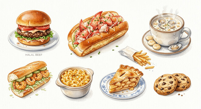 Watercolor illustration collection of delicious dishes including beef burger, lobster roll, clam chowder, po boy sandwich, mac and cheese, apple pie, and cookies, generative AI