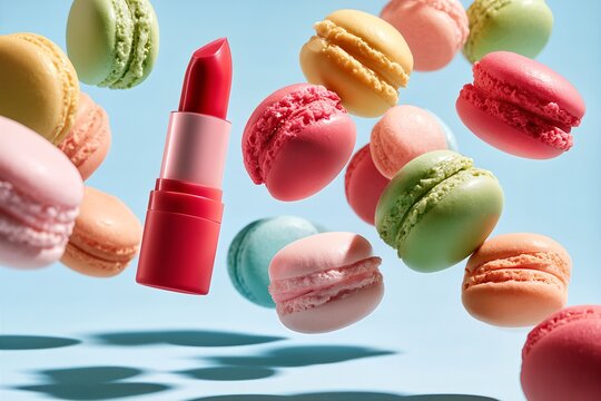 Red lipstick with colorful macarons floating on blue background
