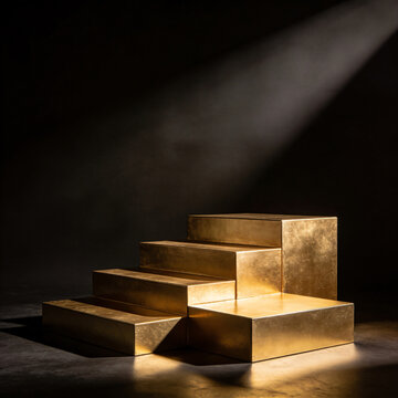 Cinematic gold podium on dark stage, empty round pedestal with bright spotlights and golden glitter, luxury award ceremony platform.