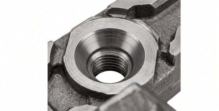 Forged steel SAG mill liner plate with deep countersunk mounting bore for ore grinding operations. Precision heavy-duty mining hardware isolated on white background.
