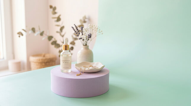 Minimalist purple podium on pastel background