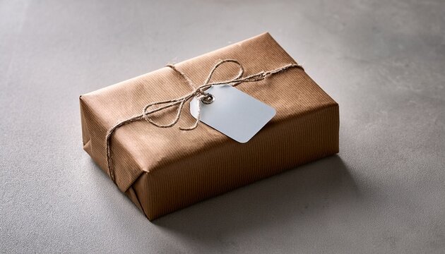 A Brown Paper Wrapped Gift Box With A Blank Silver Tag Tied With Twine Minimalist Display On A Textured Surface