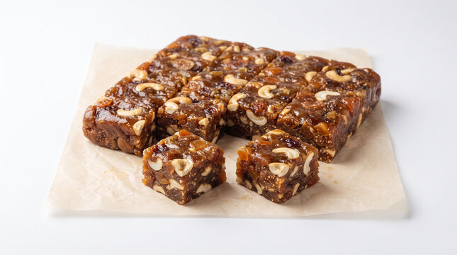 Kalu dodol squares mixed with cashew nuts rest on parchment paper as a traditional sweet dessert treat.