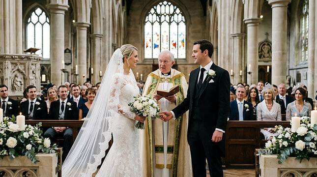 Bride and groom holding hands and sharing a look at altar with priest officiating wedding ceremony