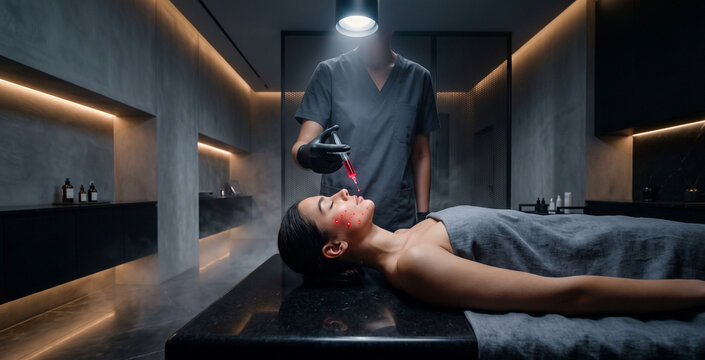 Practitioner giving facial injection to woman with red laser points in dark modern clinic for luxury PRP vampire therapy, biohacking dermatology and aesthetic medical treatment
