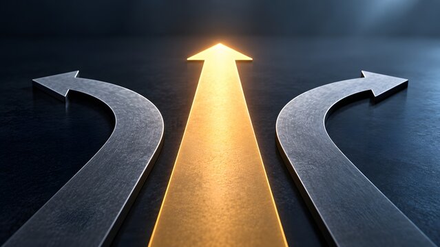 Bright golden upward glowing arrow between two metallic splitting arrows representing making the right choice, leadership, and successful business direction.