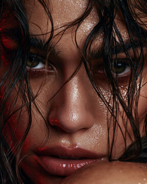 Macro facial portrait of beautiful woman with wet glistening skin texture and damp hair under red light for luxury cosmetic makeup, skincare dermatology and biohacking concept