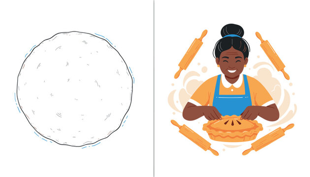 Simple circular sketch of dough contrasted with a smiling elderly woman baking a pie surrounded by floating wooden rolling pins.