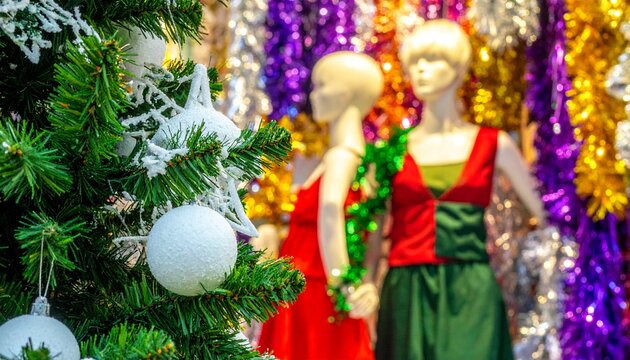Snow‑covered Christmas tree branch with white ornament, mannequins, and vibrant festive backdrop.