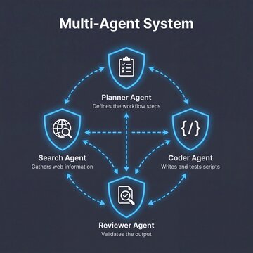 Infographic diagram showing a Multi-Agent System workflow with Planner, Search, Coder, and Reviewer Agents collaborating