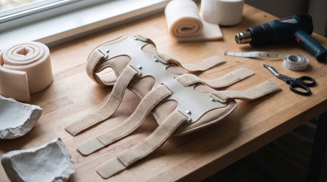 Custom Orthotic Brace on Workbench with Manufacturing Tools