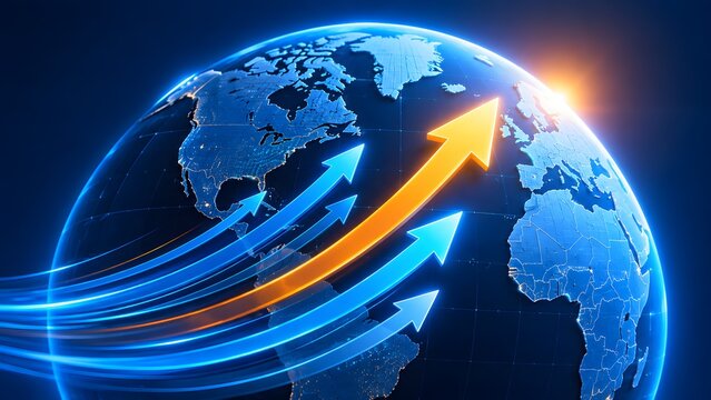Glowing upward arrows wrapping around a futuristic blue earth globe representing global business expansion, international trade growth, and worldwide economic success.