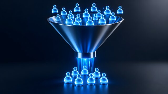 Metallic sales funnel sorting glowing blue human figures concept for customer conversion lead generation and marketing strategy.