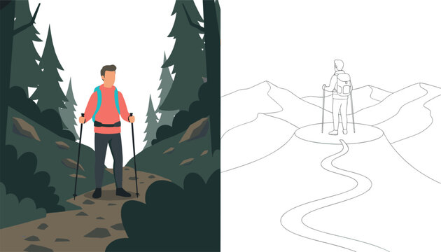 Hiker walking on trail through dense forest path next to illustration of person trekking on mountain peak summit trail.