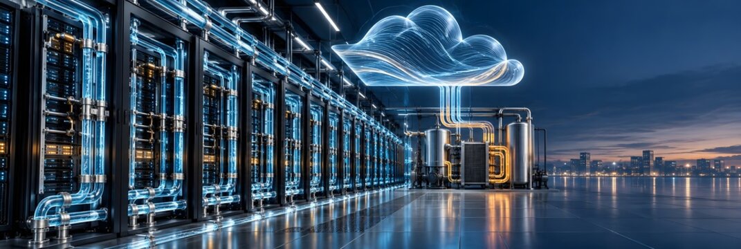 Advanced liquid cooling infrastructure integrating with digital cloud computing network in modern data center