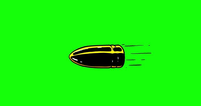 Bullet flying cartoon animation green screen. Greenbox isolated slug from gun animated with speed effect. Gun or heavy machine gun object moving with black doodle shaking outline and shadow.