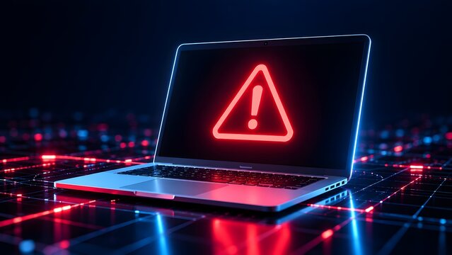 Laptop displaying a red glowing warning triangle on screen representing cyber security threat malware alert and system error.