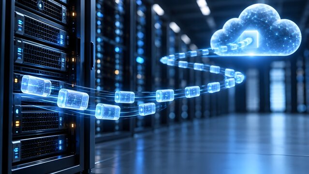 Digital data blocks migrating from physical server rack to virtual cloud computing network in data center