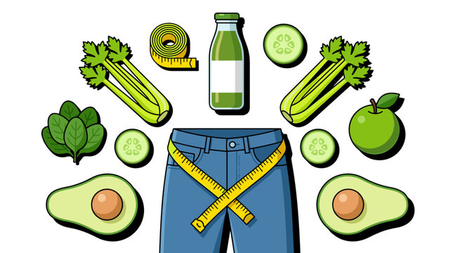 Colorful cartoon illustration featuring measuring tape around jeans, fresh vegetables, fruits, celery, cucumber, apple, spinach, avocado, and green juice promoting healthy lifestyle and nutrition.