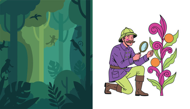 Explorer in pith helmet uses magnifying glass to inspect a tropical plant in a lush jungle forest environment.