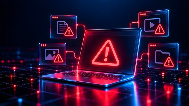 Laptop Computer Infected by Malware with Floating Warning Signs and Compromised Digital Files