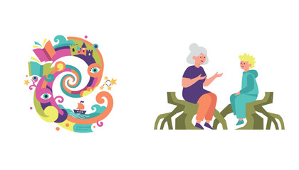 Fototapeta premium Elderly woman storytelling to a young boy sitting on tree roots with a magical spiral book imagination fantasy theme.