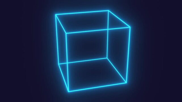 neon blue digital cube wireframe structure symbolizing technology, science, research, internet, power, energy, performance, productivity, efficiency, optimization