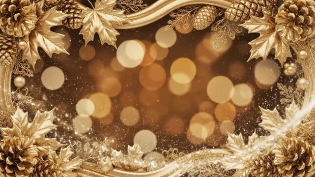 Golden Christmas Holiday Frame Overlay with Golden Leaves Pine Cones and Glowing Warm Bokeh Lights