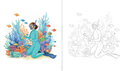 Fototapeta premium Diver with snorkel and mask exploring a vibrant coral reef and collecting samples in a glass jar.