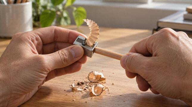 Manos afilando l&aacute;piz de madera con sacapuntas met&aacute;lico