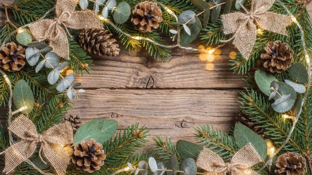 Rustic Christmas Pine Wreath Frame with String Lights Burlap Ribbons and Pine Cones on Vintage Wooden Background