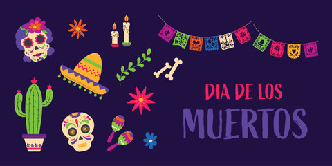 Fototapeta premium Dia de los Muertos holiday element set with sugar skulls and festive decorations
