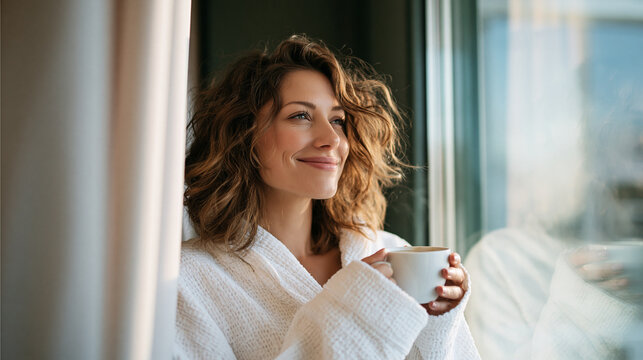 Smiling young adult woman wearing a white bathrobe, holding a cup of coffee and looking out the window while relaxing in a bright hotel room during a peaceful morning