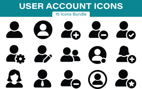User Account Solid Black Silhouette Set of 15 Profile and Account UI Vector Icons