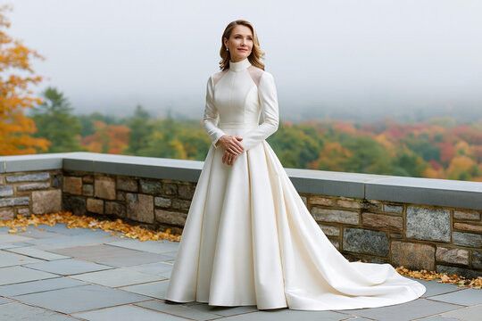 Elegant woman in a long-sleeved white gown stands on a stone balcony overlooking a scenic landscape with autumn foliage and misty mountains in the background