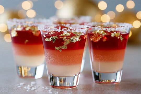 Colorful layered jelly shots with gold flakes in clear glasses, garnished with salt, placed on a table with a blurred festive background of golden lights