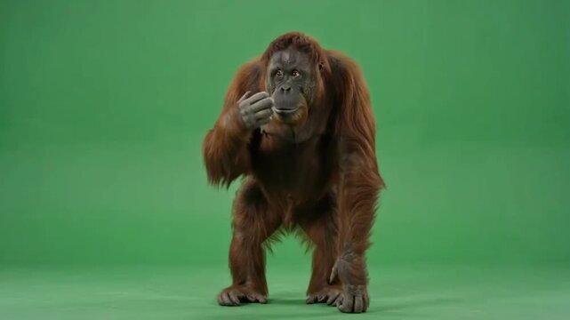 Orangutan standing and touching its face against a solid green screen studio background